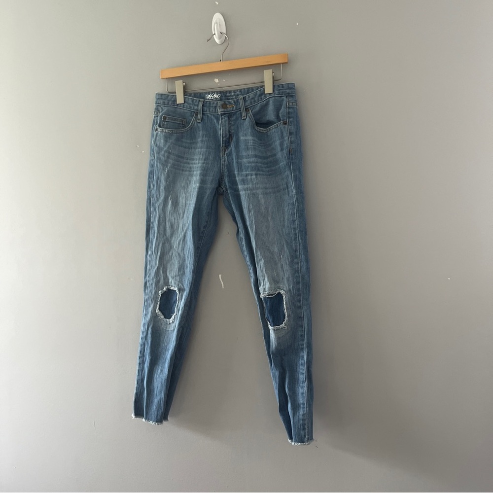 Mossimo Distressed Blue Boyfriend Crop Jeans Patched Raw Hem Womens Size 2